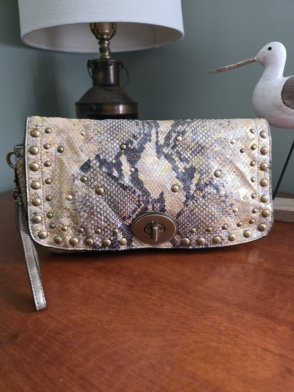 Coach 44050 Python Embossed Studded Turnlock Wristlet Clutch Metallic Leather